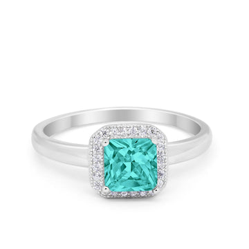 Halo Engagement Ring Princess Cut Simulated Paraiba Tourmaline CZ 925 Sterling Silver
